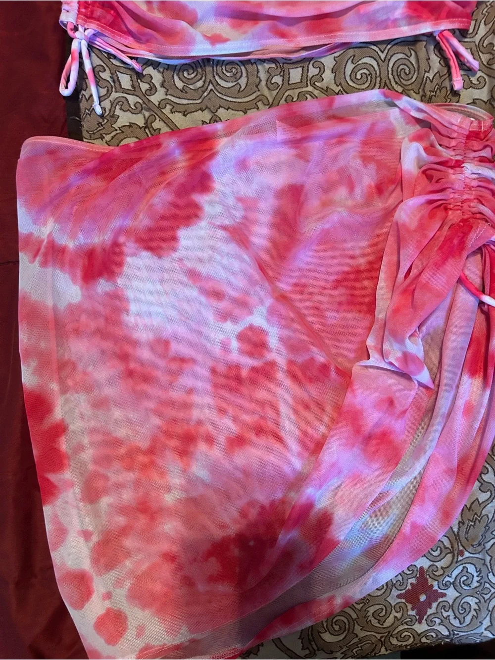 Women Tie-Dye Pink Two-Piece Crop Top & Skirt Set Large